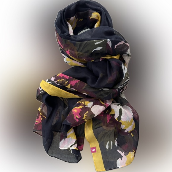 Like New Navy Scarf with Floral Print & Yellow Border—Joules Wensley 27.5” x 80” - Picture 11 of 17